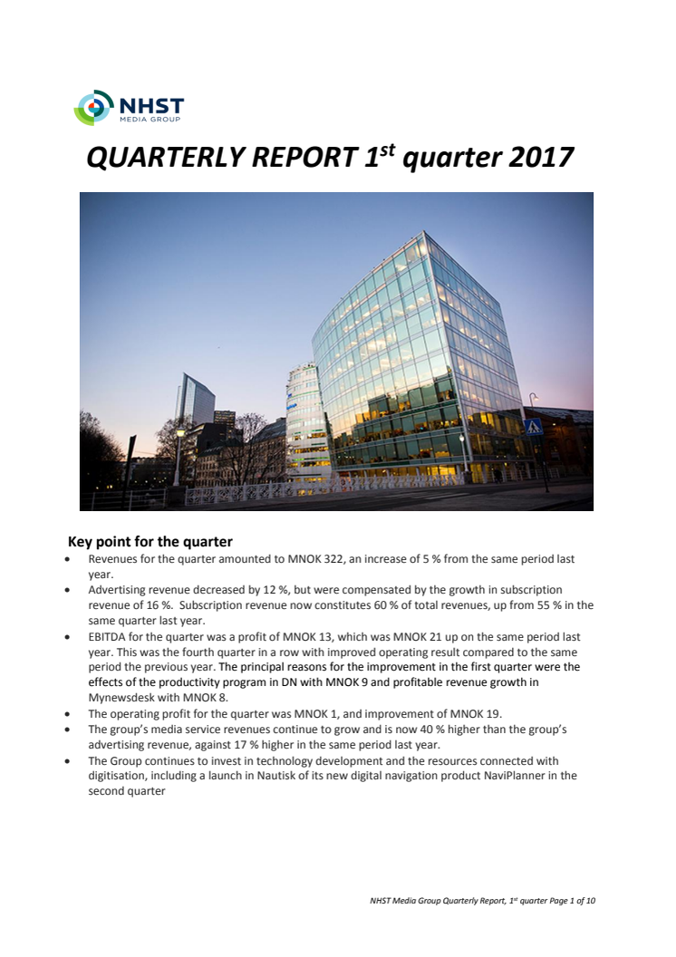 NHST Media Group - Quarterly Report 1st quarter 2017