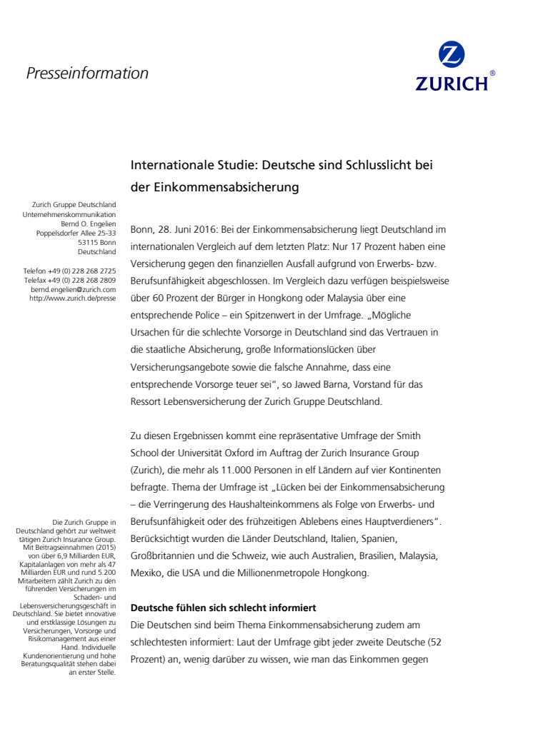 Internationale Studie: Deutsche sind Schlusslicht bei der Einkommensabsicherung