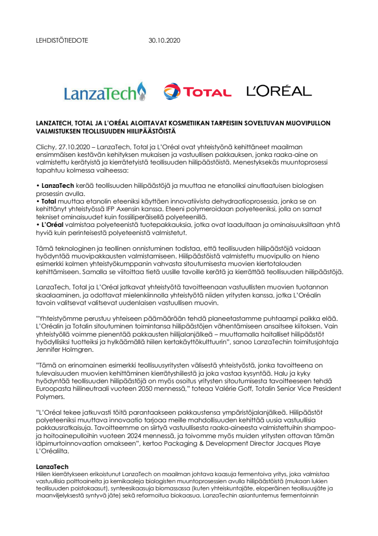 LANZATECH, TOTAL JA L’ORÉAL ALOITTAVAT KOSMETIIKAN TARPEISIIN SOVELTUVAN MUOVIPULLON VALMISTUKSEN TEOLLISUUDEN HIILIPÄÄSTÖISTÄ.pdf