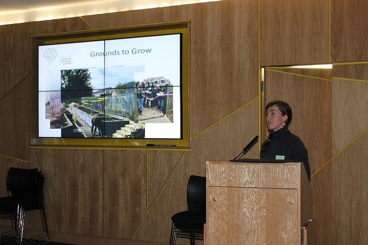 Roz Corbett, Development Worker for the Federation of City Farms and Community Gardens speaking at the Grounds to Grow event at Saracen House