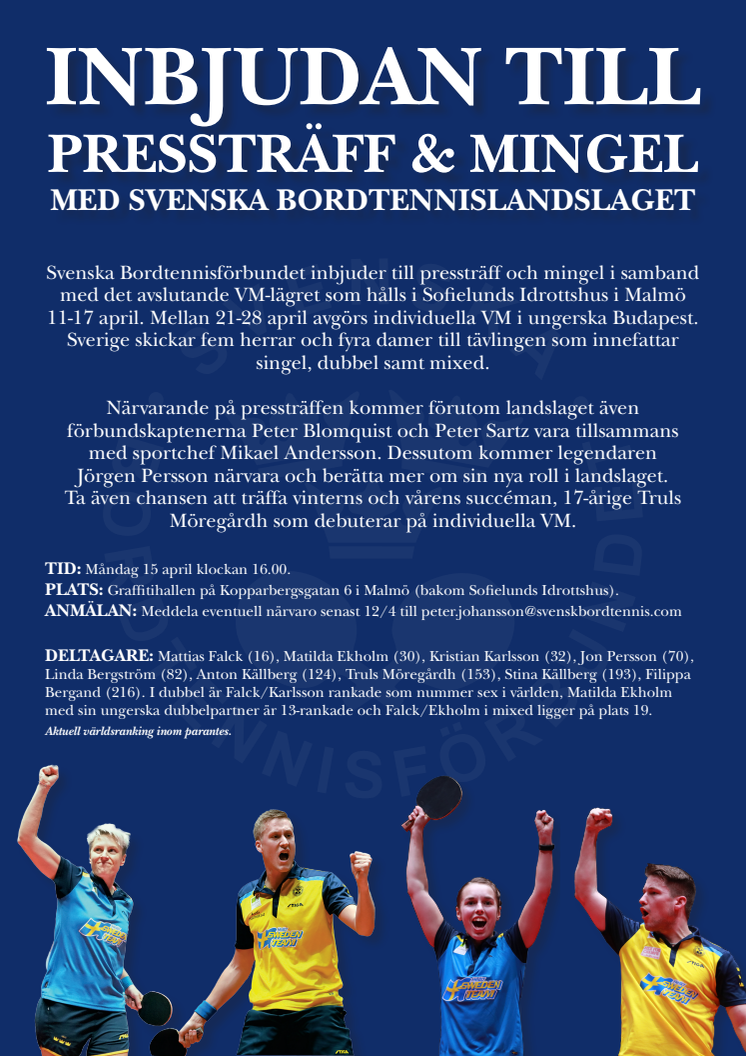 INBJUDAN TILL PRESSTRÄFF & MINGEL MED SVENSKA BORDTENNISLANDSLAGET