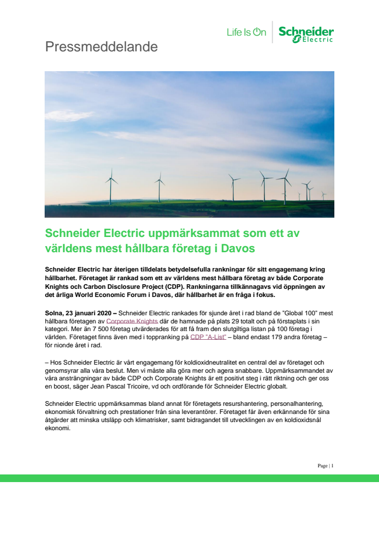 Schneider Electric uppmärksammat som ett av världens mest hållbara företag i Davos