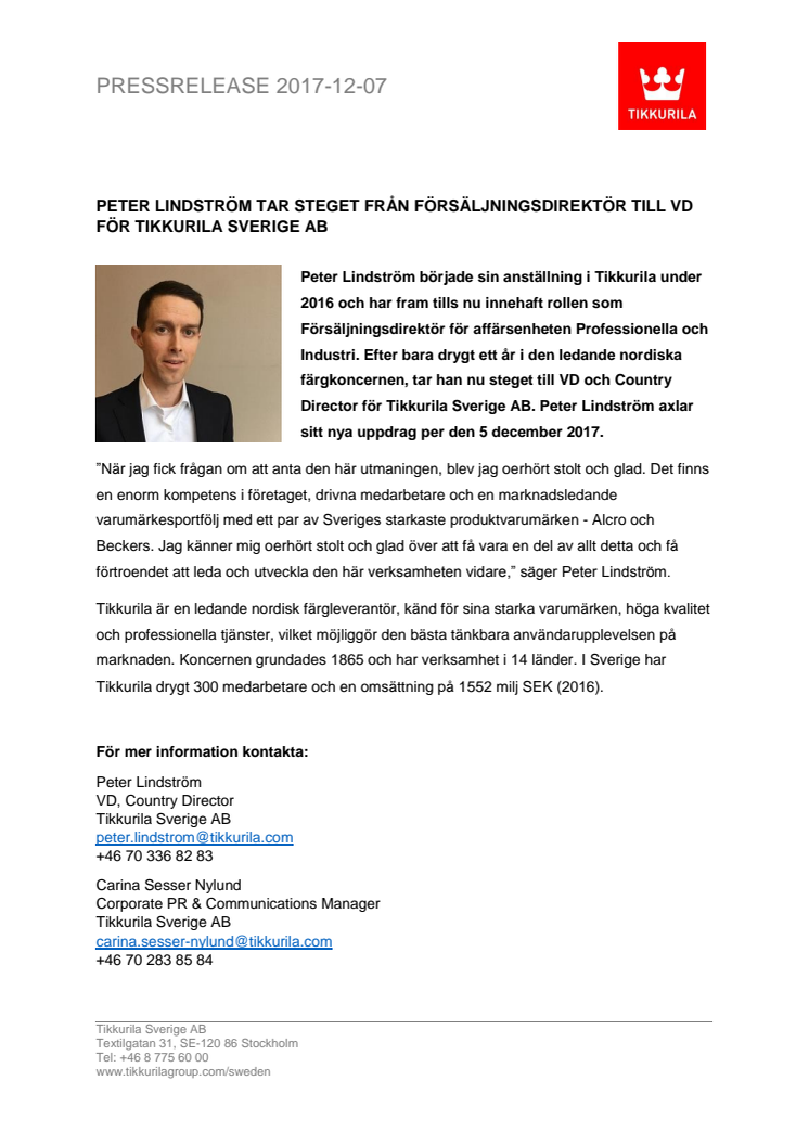 Peter Lindström tar steget från försäljningsdirektör till VD för Tikkurila Sverige AB
