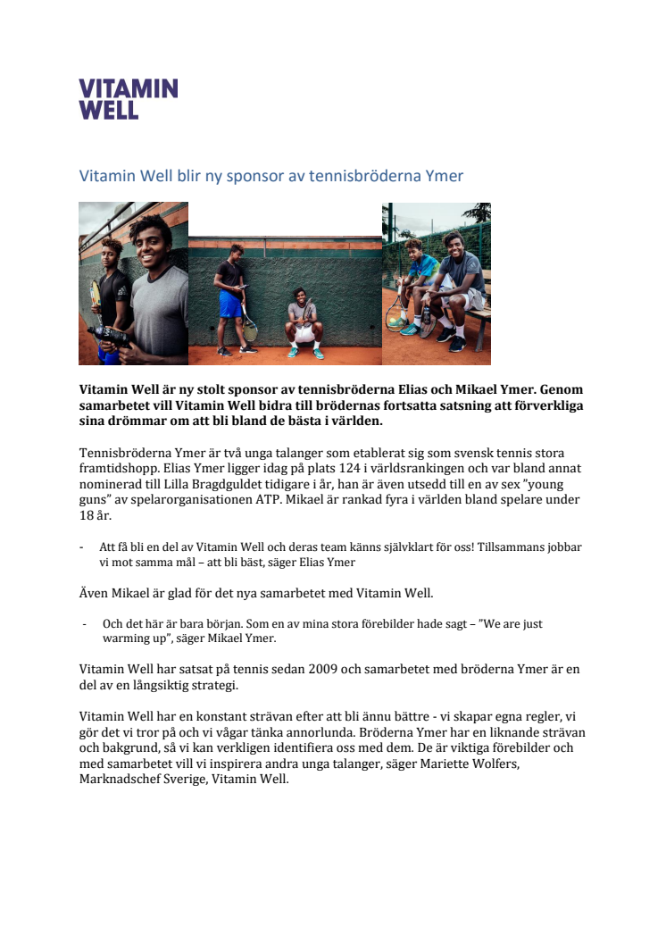 Vitamin Well blir ny sponsor av tennisbröderna Ymer