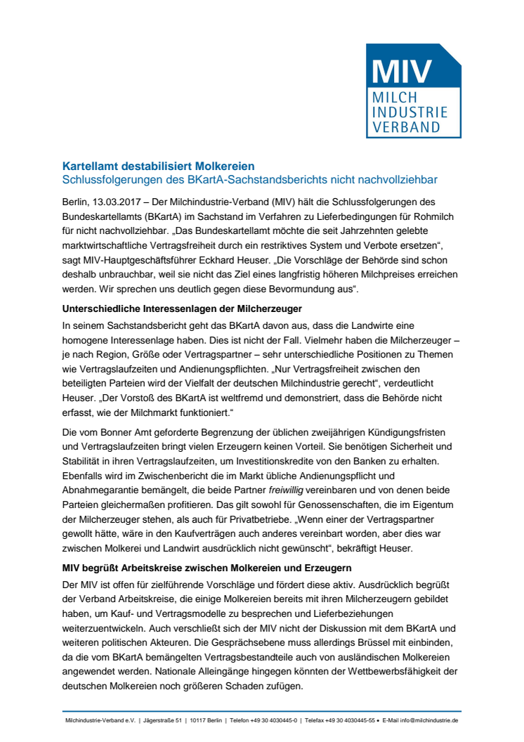 Kartellamt destabilisiert Molkereien - Schlussfolgerungen des BKartA-Sachstandsberichts nicht nachvollziehbar