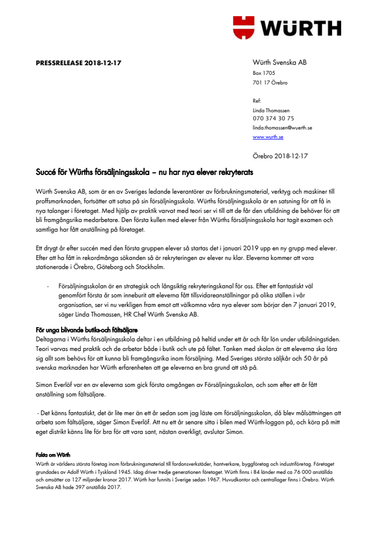 Succé för Würths försäljningsskola – nu har nya elever rekryterats