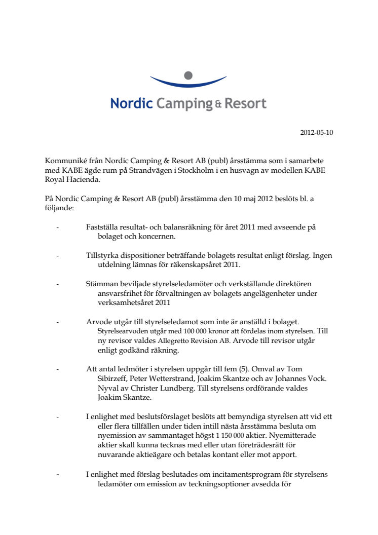 Kommuniké från Nordic Camping & Resorts årsstämma i KABE husvagn på Strandvägen