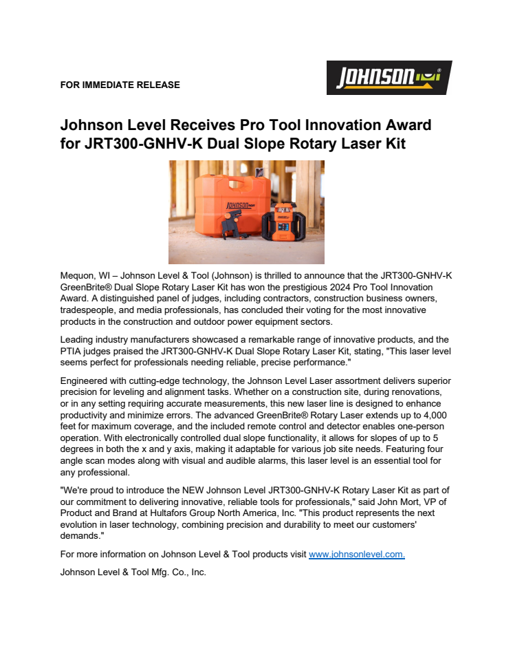 Johnson Level JRT300-GNHV-K PTIA Press Release.pdf