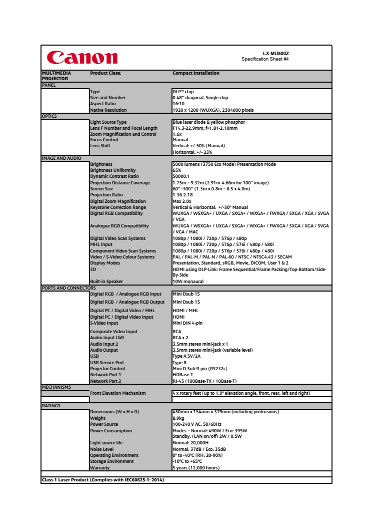 Canon Tekniska specifikationer LX-MU500Z