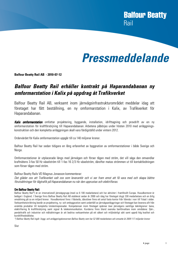 Balfour Beatty Rail hämtar hem kontrakt på Haparandabanan ny omformarstation i Kalix på uppdrag åt Trafikverket