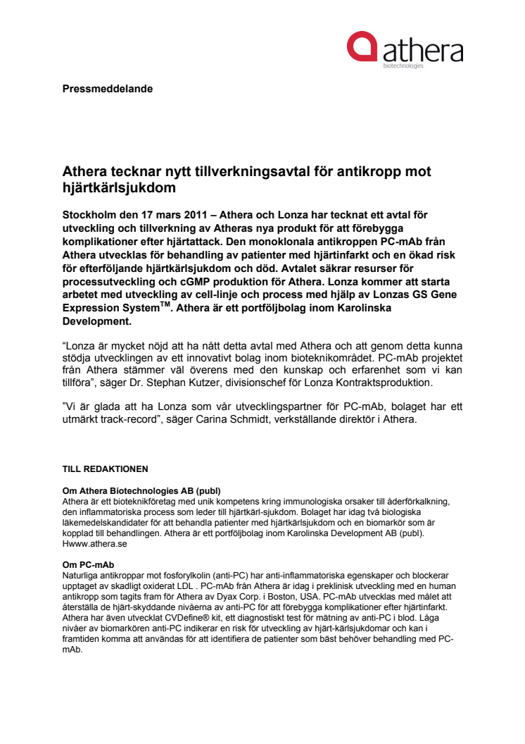 Athera tecknar nytt tillverkningsavtal för antikropp mot hjärtkärlsjukdom