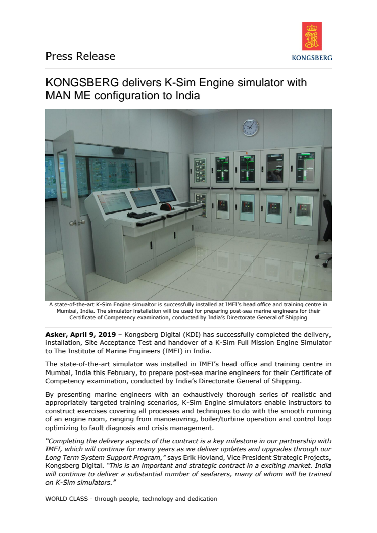 KONGSBERG delivers K-Sim Engine simulator with MAN ME configuration to India