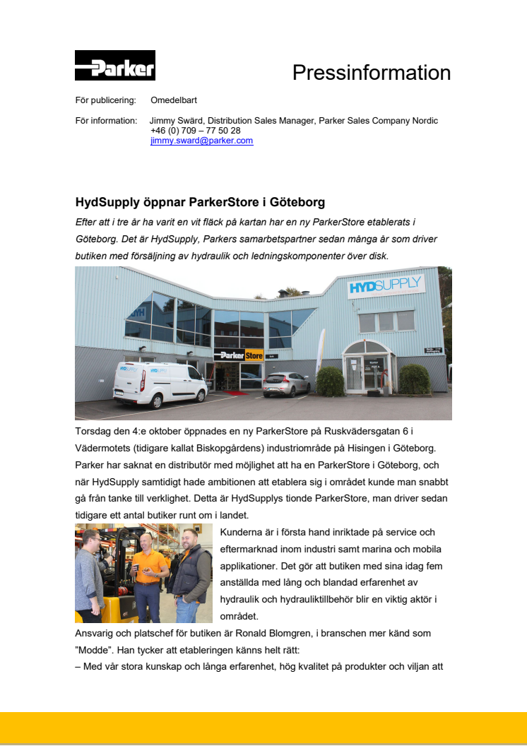 HydSupply öppnar ParkerStore-butik i Göteborg 