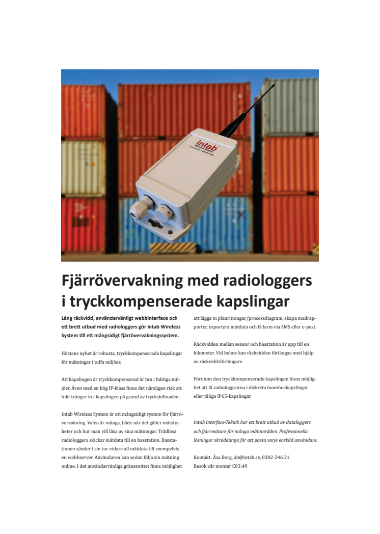 Fjärrövervakning med radiologgers i tryckkompenserade kapslingar