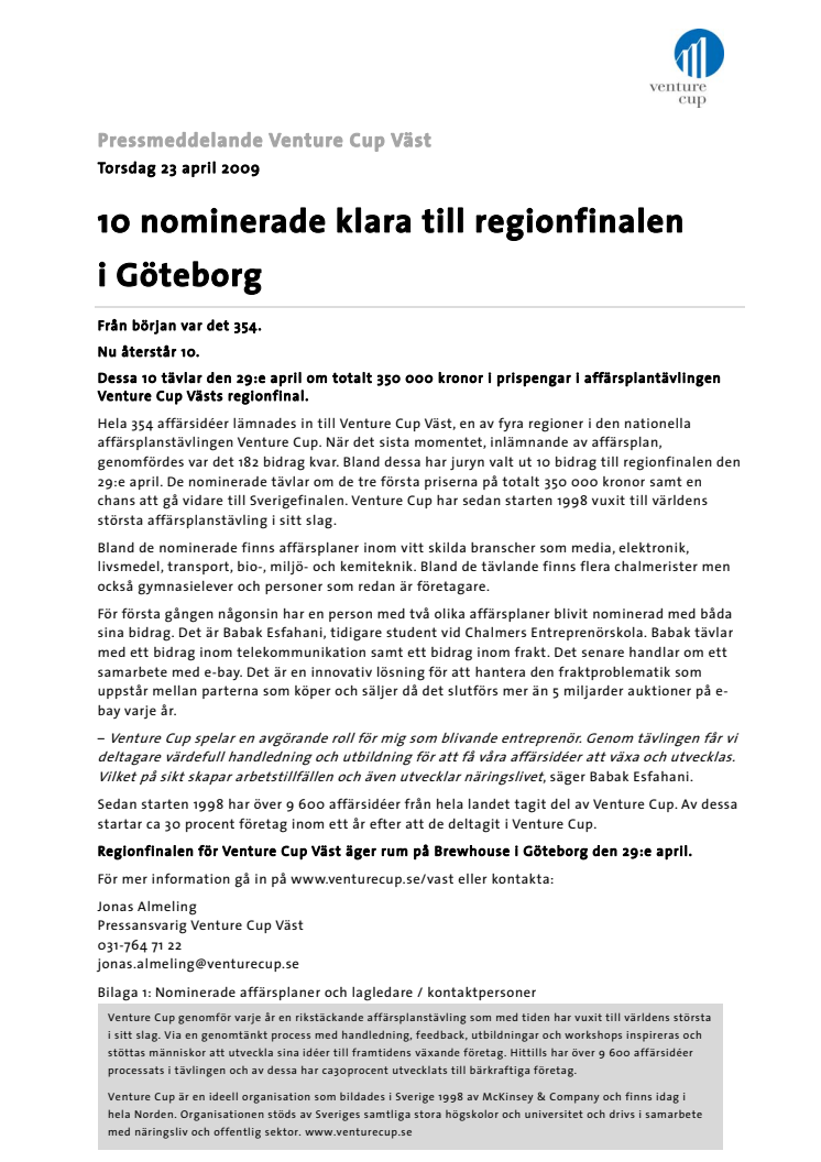 10 nominerade klara till regionfinalen i Göteborg