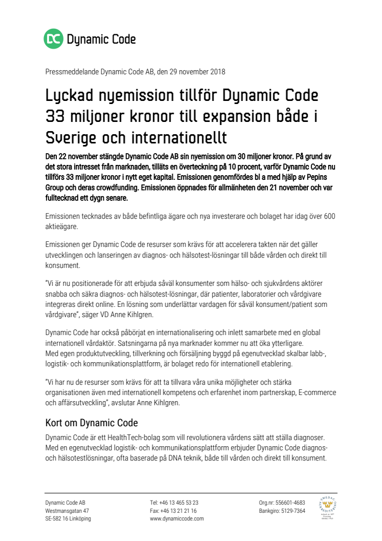 Lyckad nyemission tillför Dynamic Code 33 miljoner kronor till expansion både i Sverige och internationellt