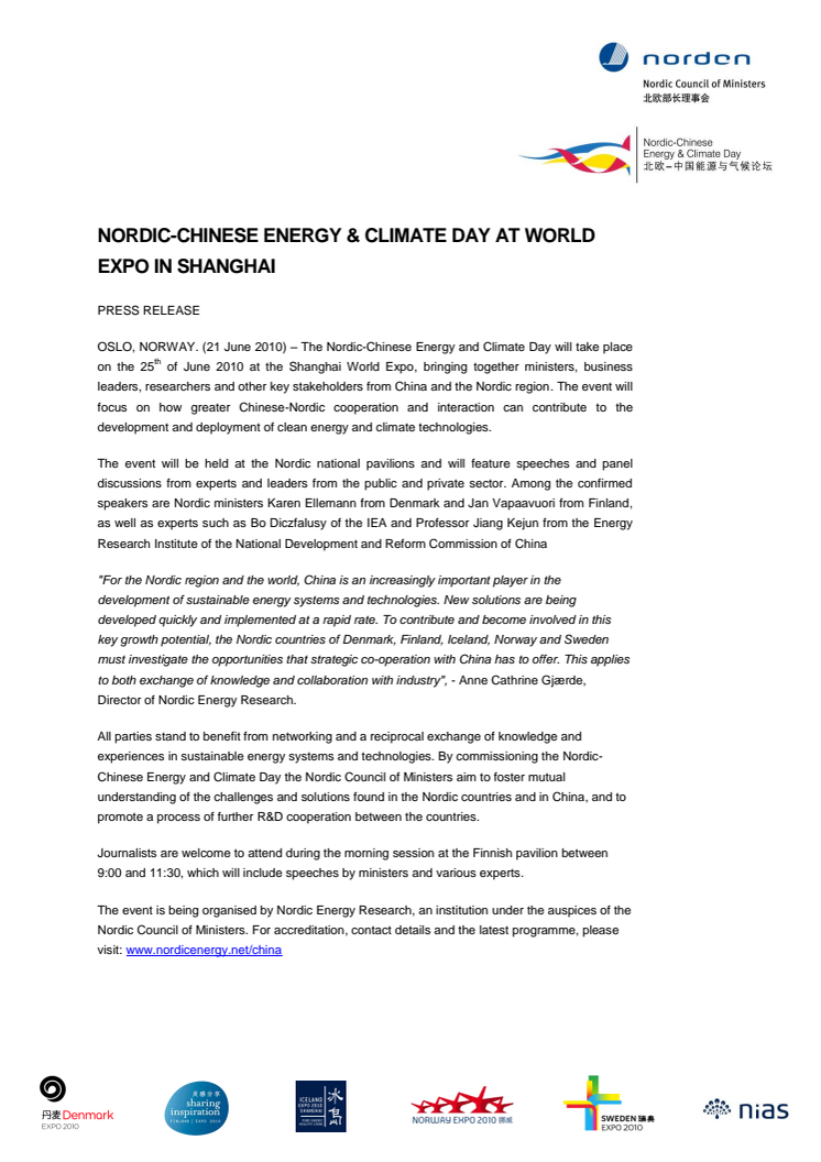 Nordic-Chinese Energy & Climate Day at World Expo in Shanghai