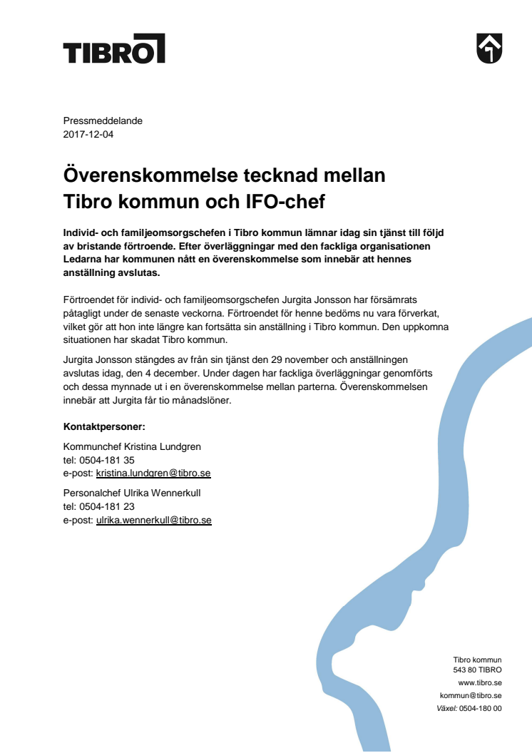 Överenskommelse tecknad mellan Tibro kommun och IFO-chef