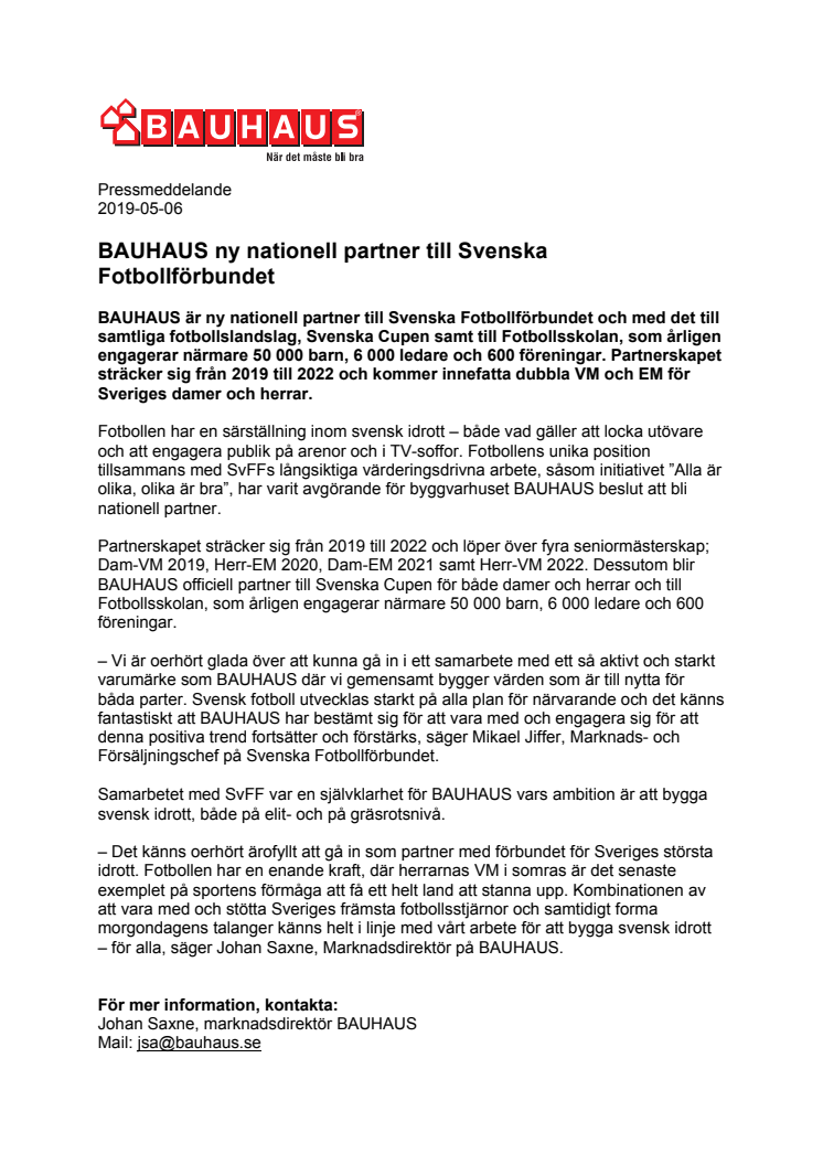 BAUHAUS ny nationell partner till Svenska Fotbollförbundet