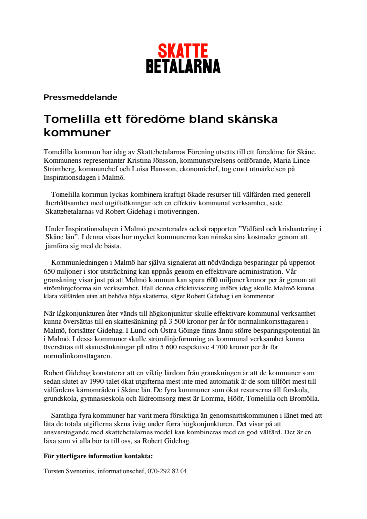 Tomelilla ett föredöme bland skånska kommuner
