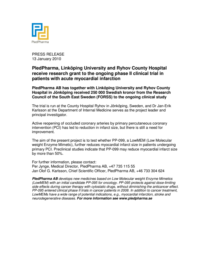 PledPharma receive research grant to the ongoing phase II clinical trial 
