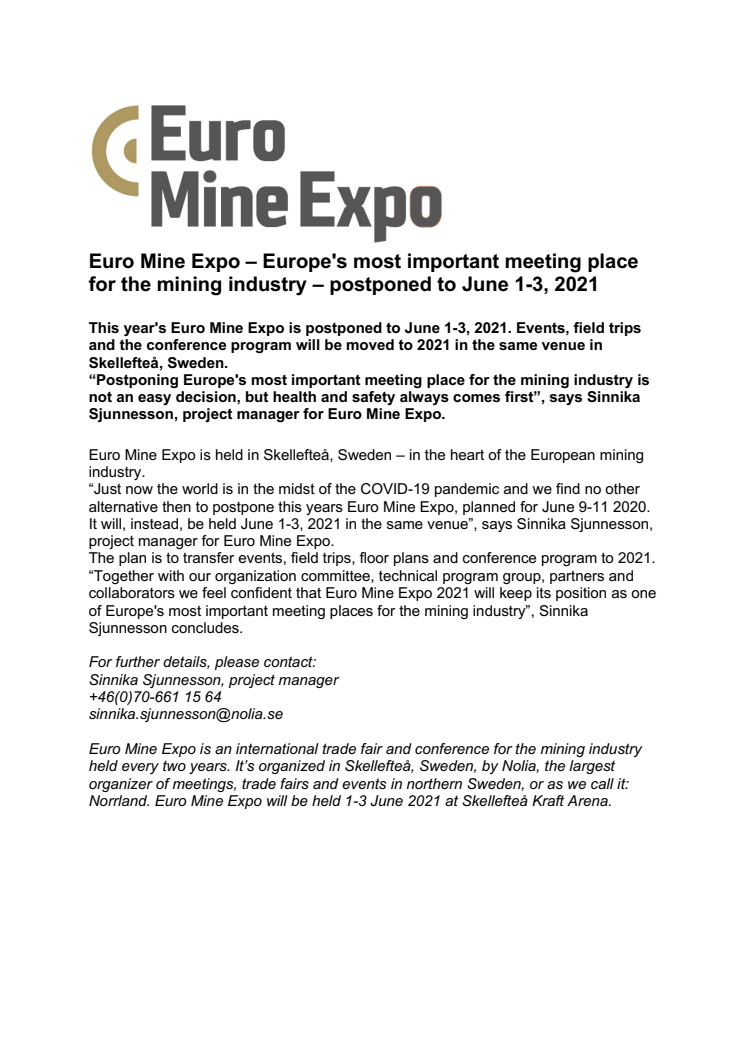 Euro Mine Expo – Europe's most important meeting place for the mining industry – postponed to June 1-3, 2021