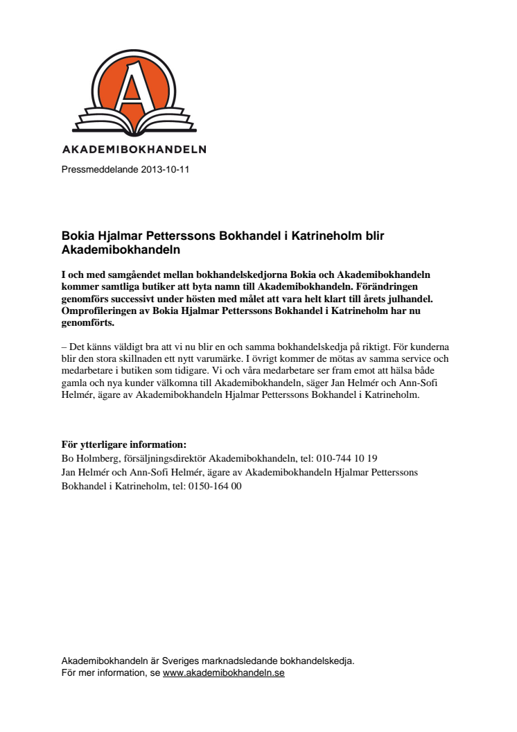 Bokia Hjalmar Petterssons Bokhandel i Katrineholm blir Akademibokhandeln 
