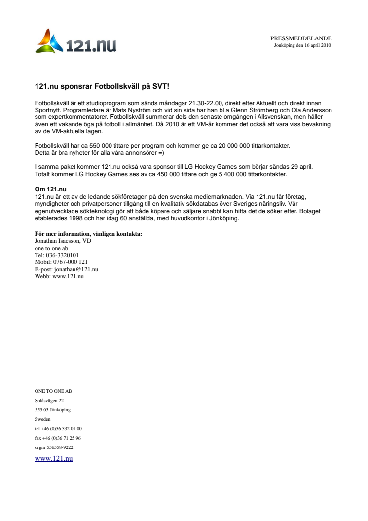 121.nu sponsrar Fotbollskväll på SVT!