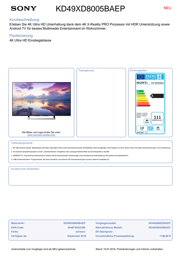 Datenblatt BRAVIA KD-49XD8005BAEP von Sony