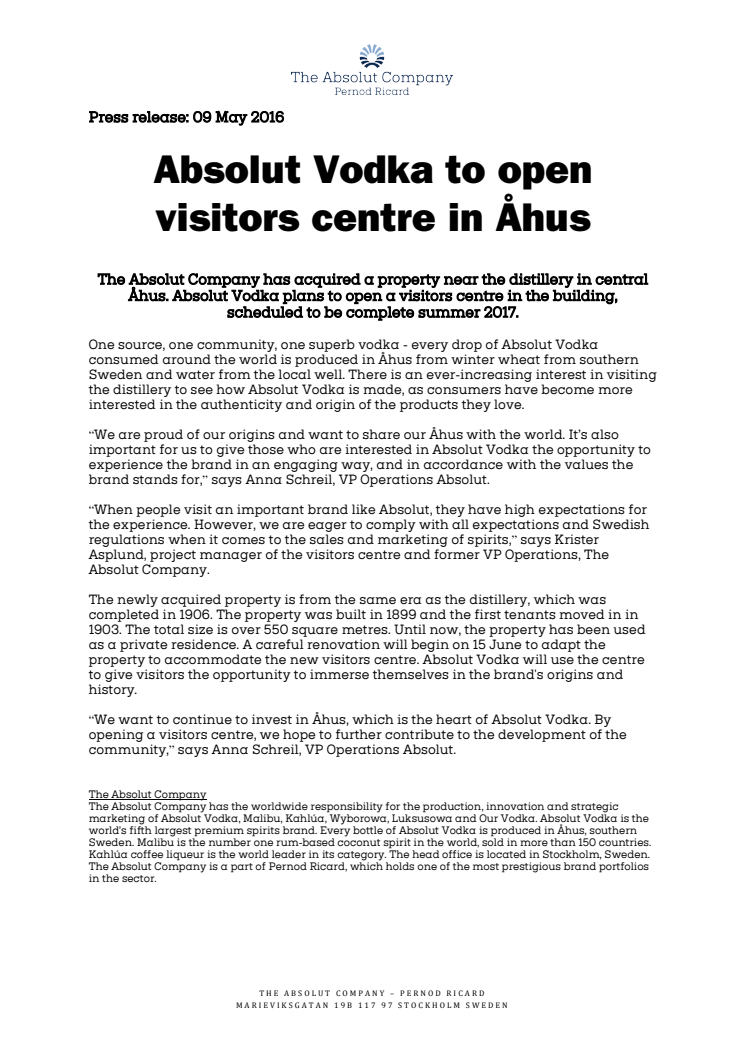 Absolut Vodka to open visitors centre in Åhus 