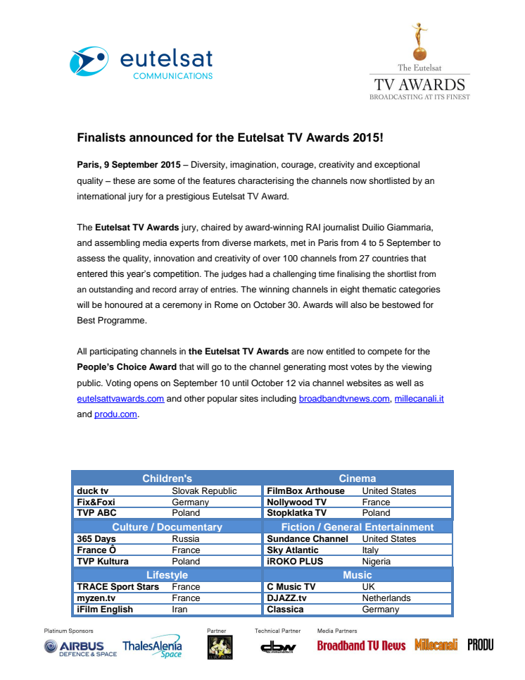 Finalists announced for the Eutelsat TV Awards 2015! 
