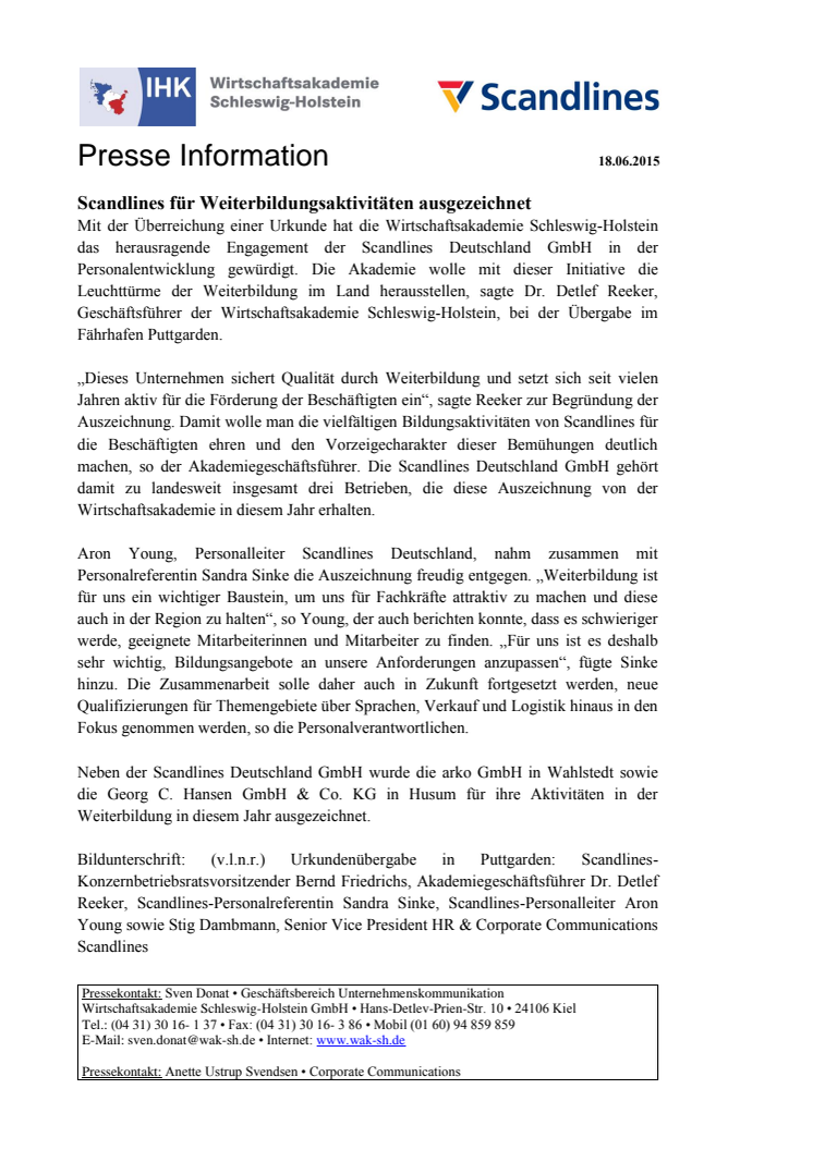 Scandlines für Weiterbildungsaktivitäten ausgezeichnet