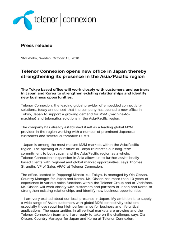 Telenor Connexion opens new office in Japan thereby strengthening its presence in the Asia/Pacific region