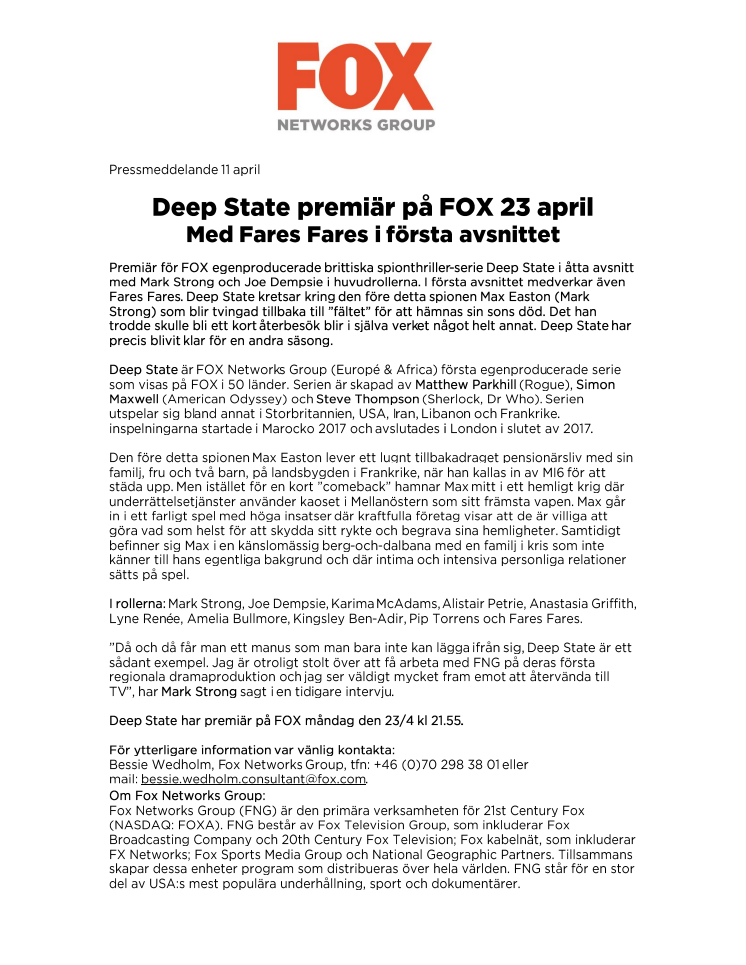 Deep State premiär på FOX 23 april - Med Fares Fares i första avsnittet