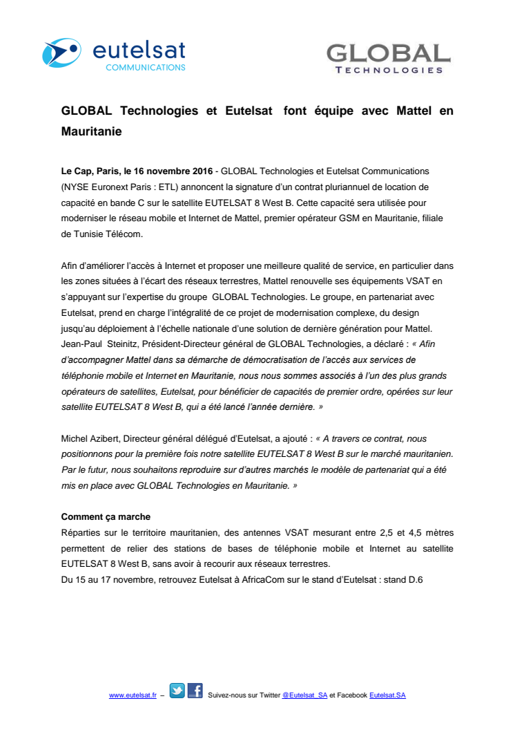 GLOBAL Technologies et Eutelsat  font équipe avec Mattel en Mauritanie