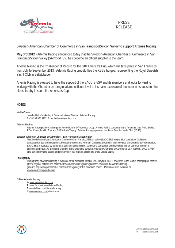 Swedish-American Chamber of Commerce in San Francisco/Silicon Valley to support Artemis Racing
