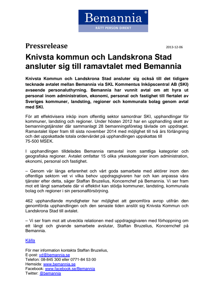 Knivsta kommun och Landskrona Stad ansluter sig till ramavtalet med Bemannia 