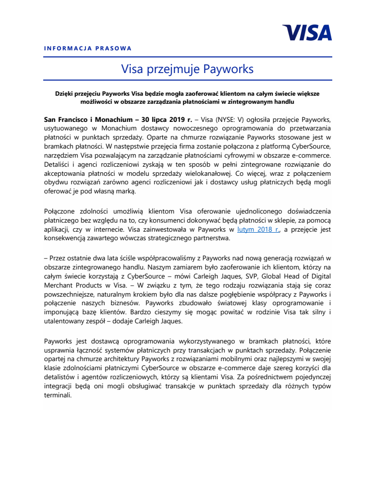 Visa przejmuje Payworks