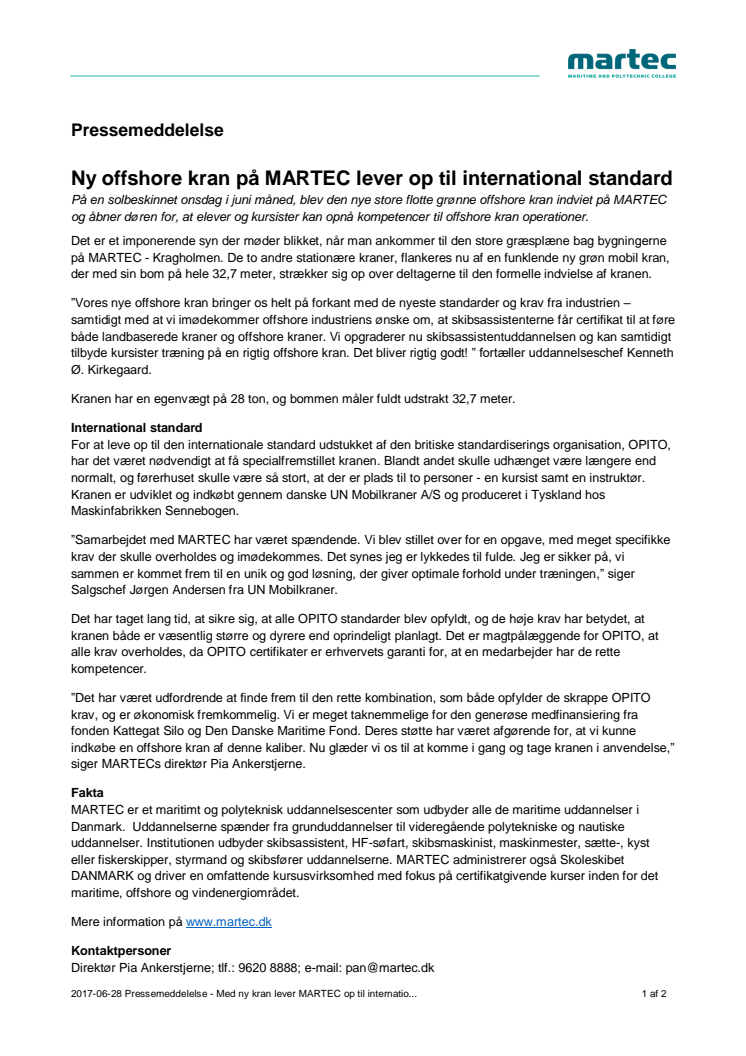 Ny offshore kran på MARTEC lever op til international standard 