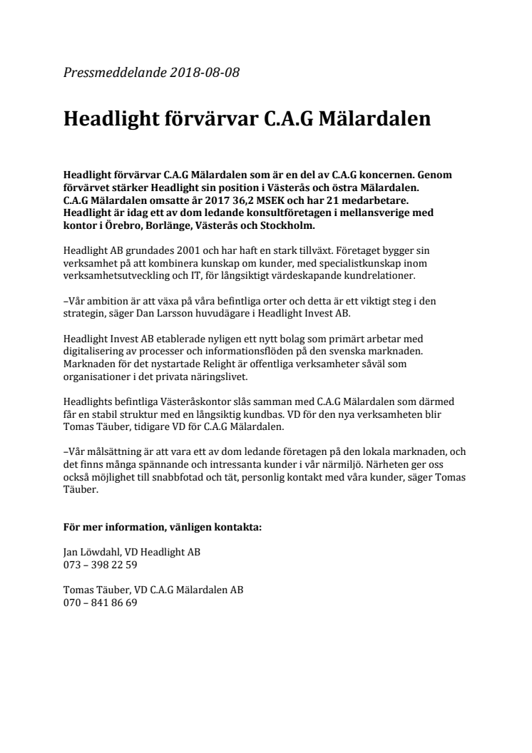 Headlight förvärvar C.A.G Mälardalen