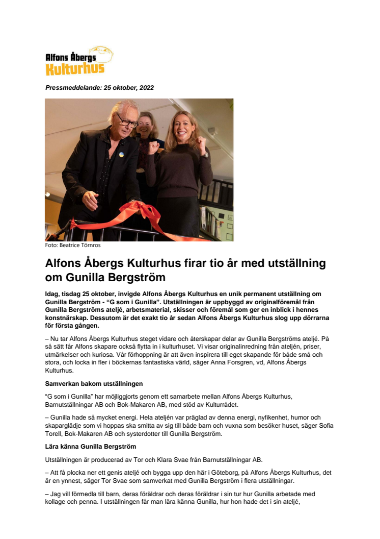 Pressmeddelande - Alfons Åbergs Kulturhus firar tio år med utställning om Gunilla Bergström 25 okt, 2022.pdf