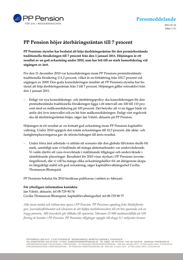 PP Pension höjer återbäringsräntan till 7 procent