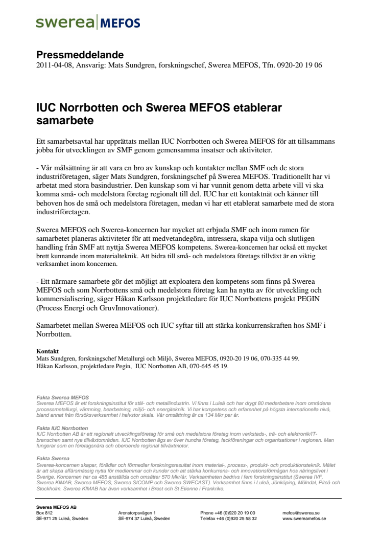 IUC Norrbotten och Swerea MEFOS etablerar samarbete