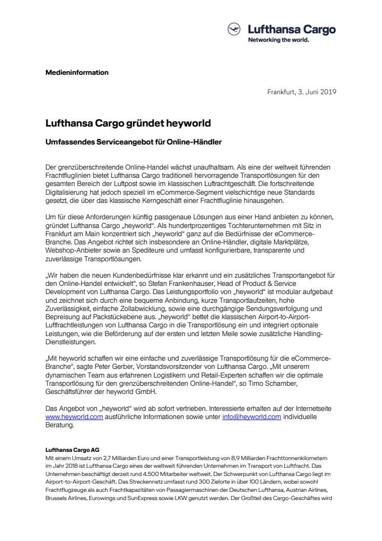 Lufthansa Cargo gründet heyworld