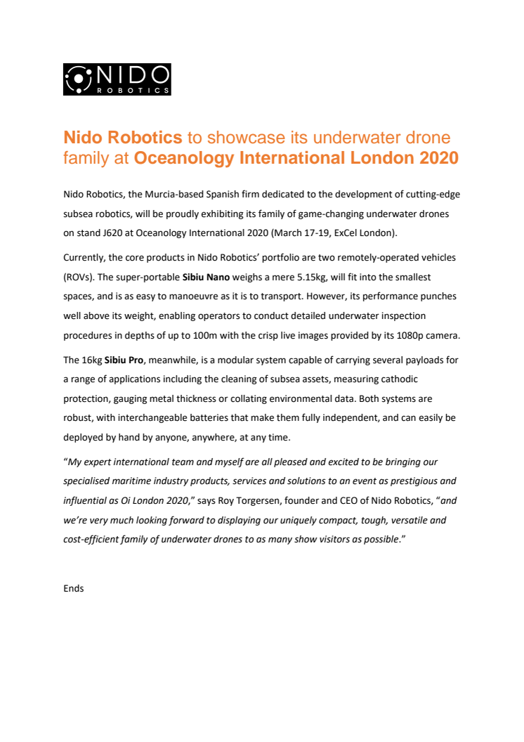 Nido Robotics to showcase its underwater drone family at Oceanology International London 2020