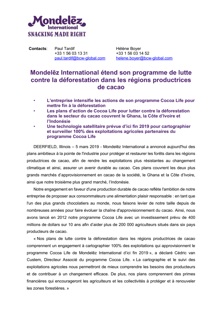 Mondelēz International étend son programme de lutte contre la déforestation dans les régions productrices de cacao