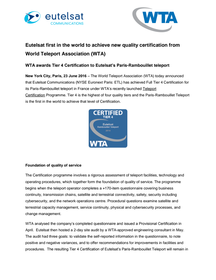 Eutelsat first in the world to achieve new quality certification from World Teleport Association (WTA)