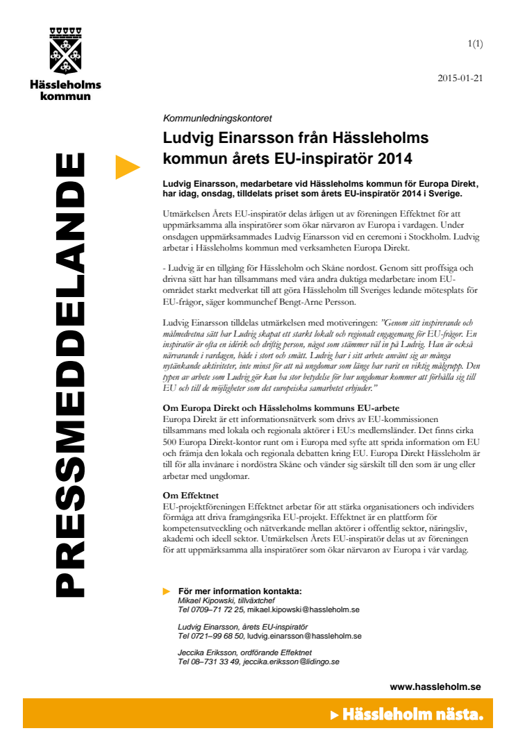 Ludvig Einarsson från Hässleholms kommun årets EU-inspiratör 2014