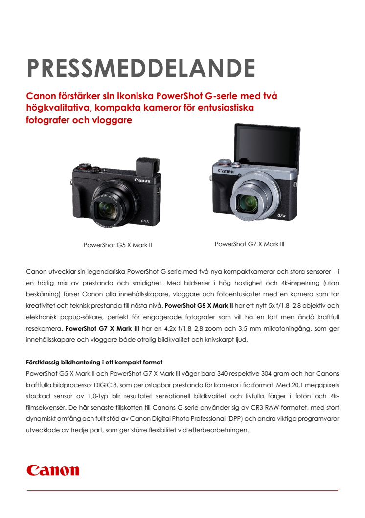 Canon förstärker sin ikoniska PowerShot G-serie med två högkvalitativa, kompakta kameror för entusiastiska fotografer och vloggare                      