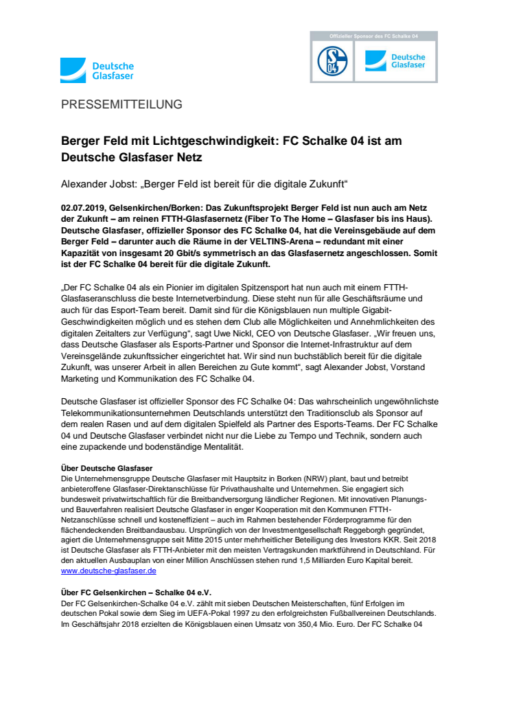 Berger Feld mit Lichtgeschwindigkeit: FC Schalke 04 ist am Deutsche Glasfaser Netz